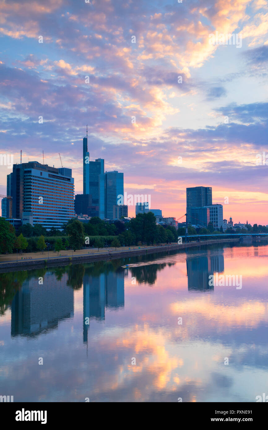 Skyline and River Main at dawn, Frankfurt, Hesse, Germany Stock Photo