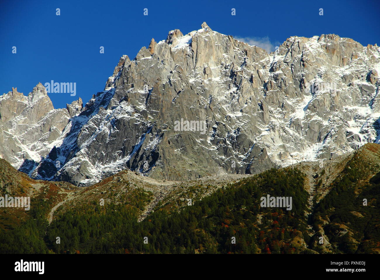 Great view of the Mont Blanc Massif from Chamonix, France. Aiguille du ...