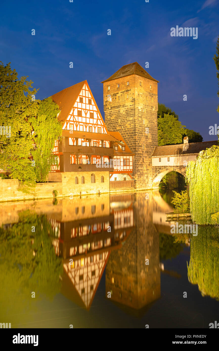 Weinstadel and River Pegnitz at dusk, Nuremberg, Bavaria, Germany Stock Photo