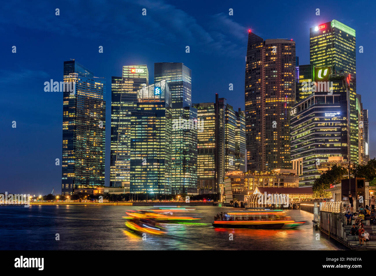 Night skyline, Downtown Core, Singapore Stock Photo