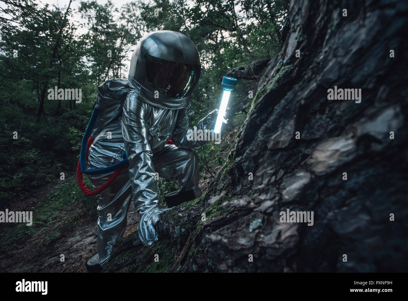 Spaceman exploring nature, using a torch Stock Photo