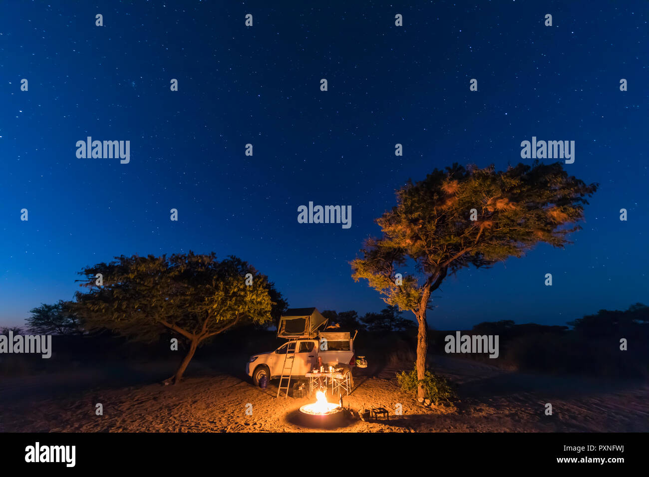 Botswana, Kalahari, Central Kalahari Game Reserve, campsite with campfire under starry sky Stock Photo