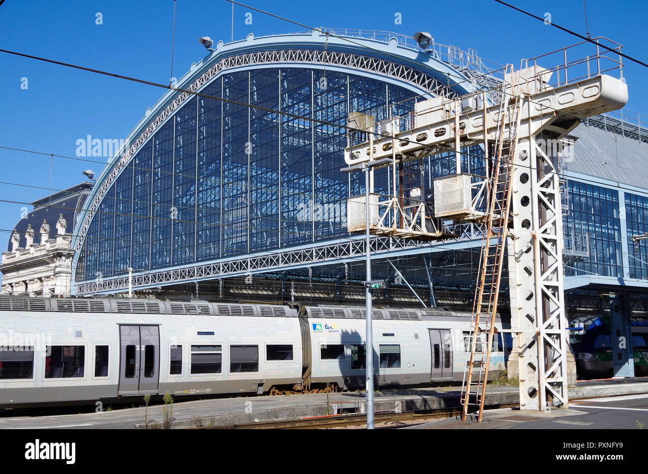 Bordeaux St Jean, one of the great French railway stations, its trainshed built by Gustave Eiffel in 1898, and has recently been repainted powder blue Stock Photo