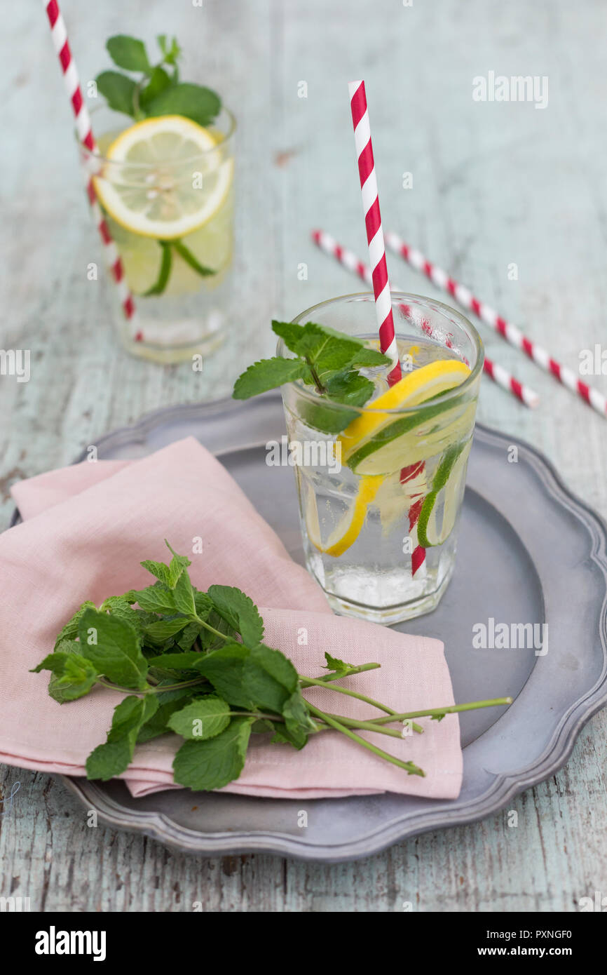 Glasses of infused water with lemon, lime and mint Stock Photo