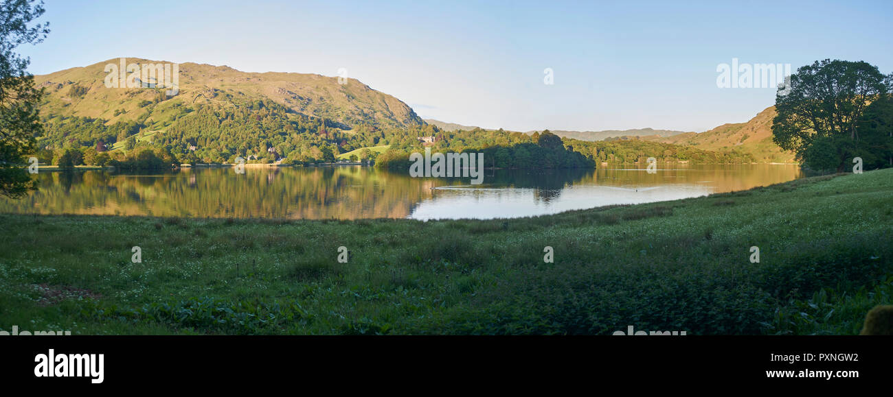 Panoramic image of Elter water at dusk, The English Lake District National Park, Unesco world heritage site. England, UK, GB. Stock Photo