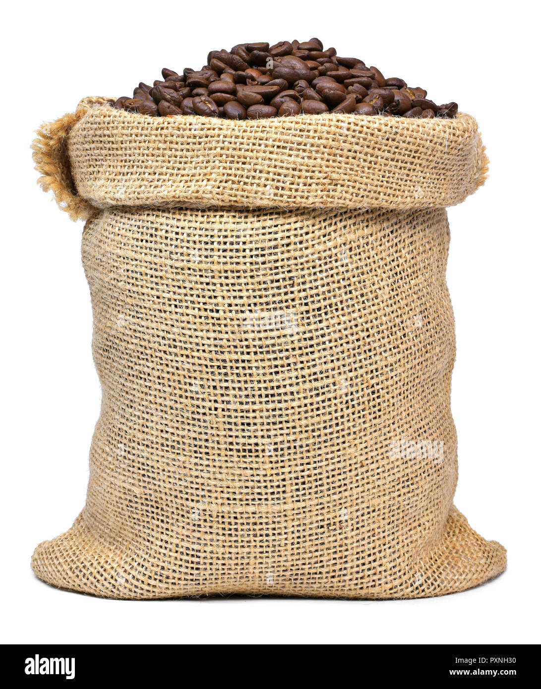 Roasted coffee beans in a burlap sack. Sackcloth bag with coffee beans, isolated on white background. Coffee export. Stock Photo