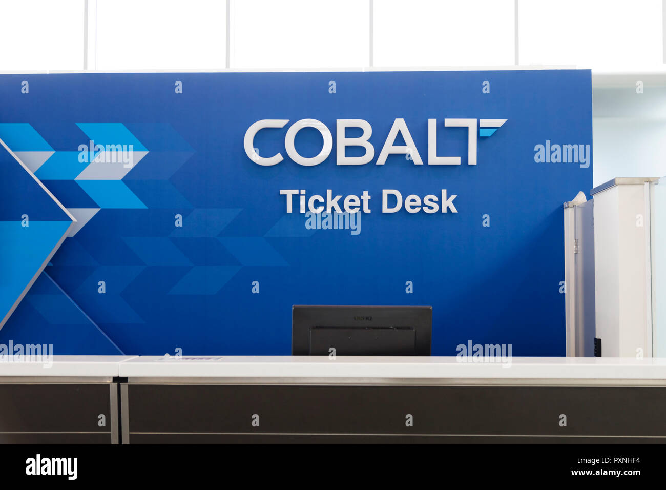 Cyprus carrier Cobalt Air who went into administration on 17 October 2018. Empty ticket desk in Larnaca International Airport, Glafcos Clerides, Stock Photo