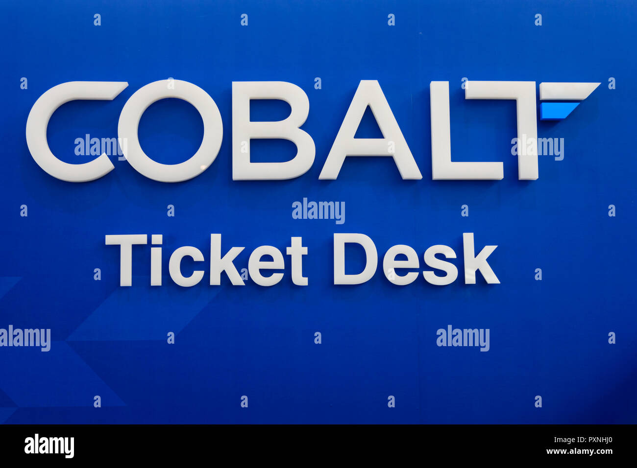 Cyprus carrier Cobalt Air who went into administration on 17 October 2018. Empty ticket desk in Larnaca International Airport, Glafcos Clerides, Stock Photo