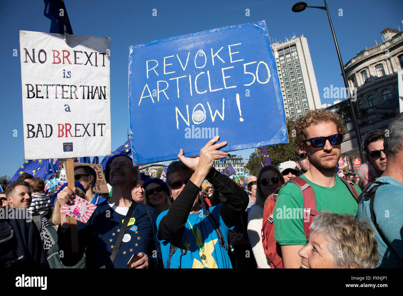 The People’s Vote March For The Future on 20th October 2018 in London, United Kingdom. More than an estimated 500,000 people marched on Parliament to demand their democratic voice to be heard in a landmark demonstration billed as the most important protest of a generation. As the date of the UK’s Brexit from the European Union, the protesters gathered in their tens of thousands to make political leaders take notice and to give the British public a vote on the final Brexit deal. Stock Photo