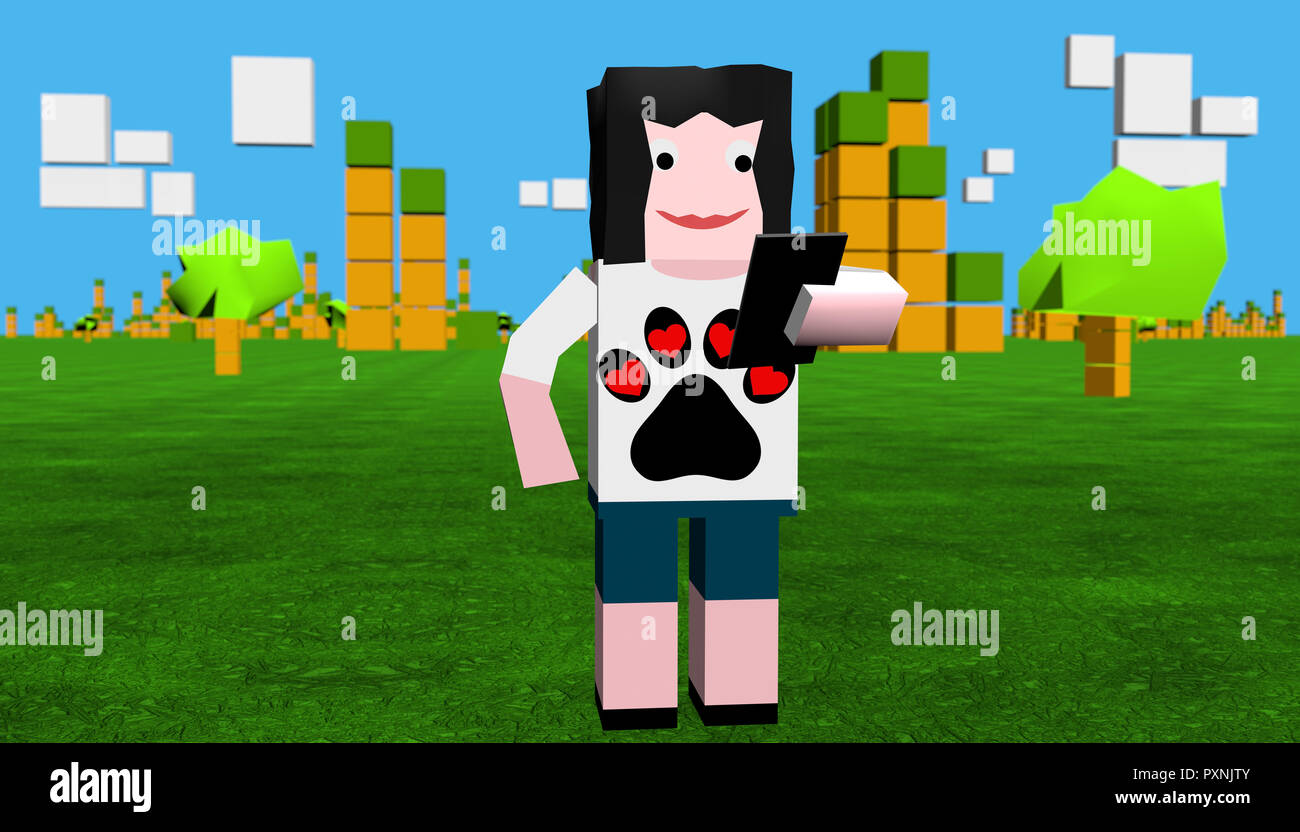 Original block styled game with avatar looking at her mobile phone