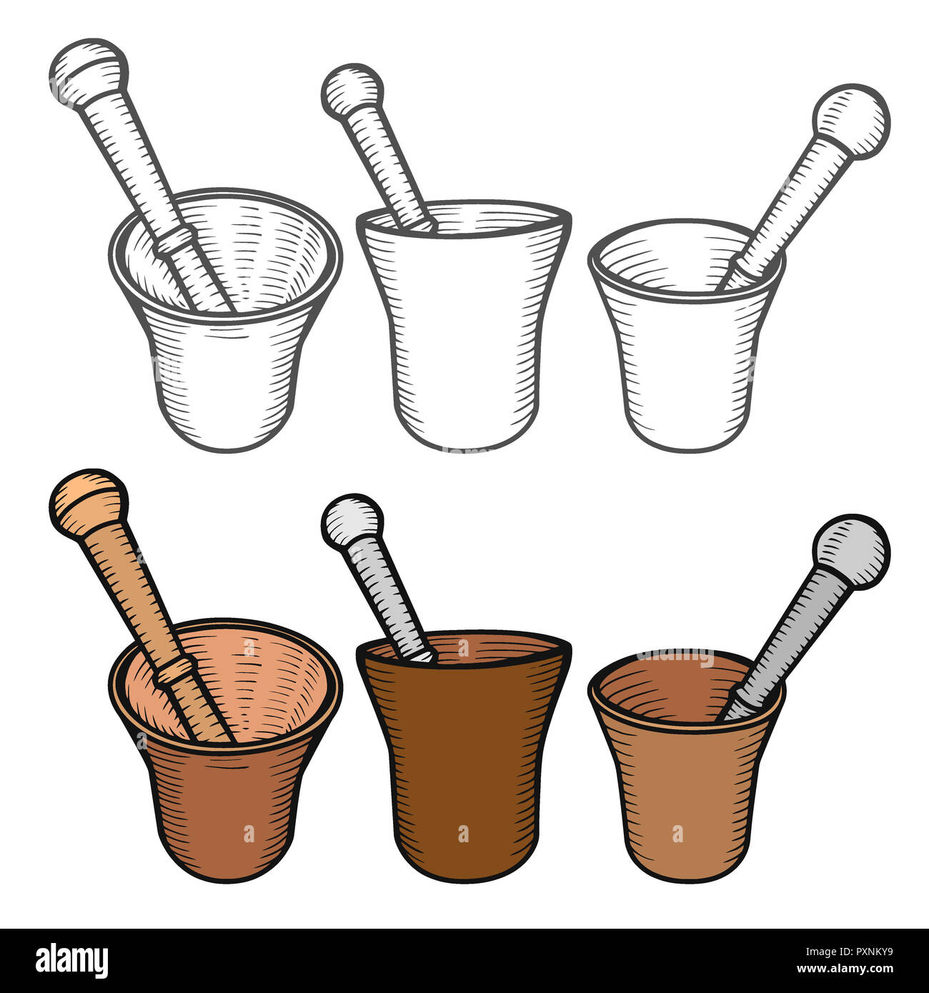 Set of Mortar and Pestle. Hand drawn Engraving vintage black