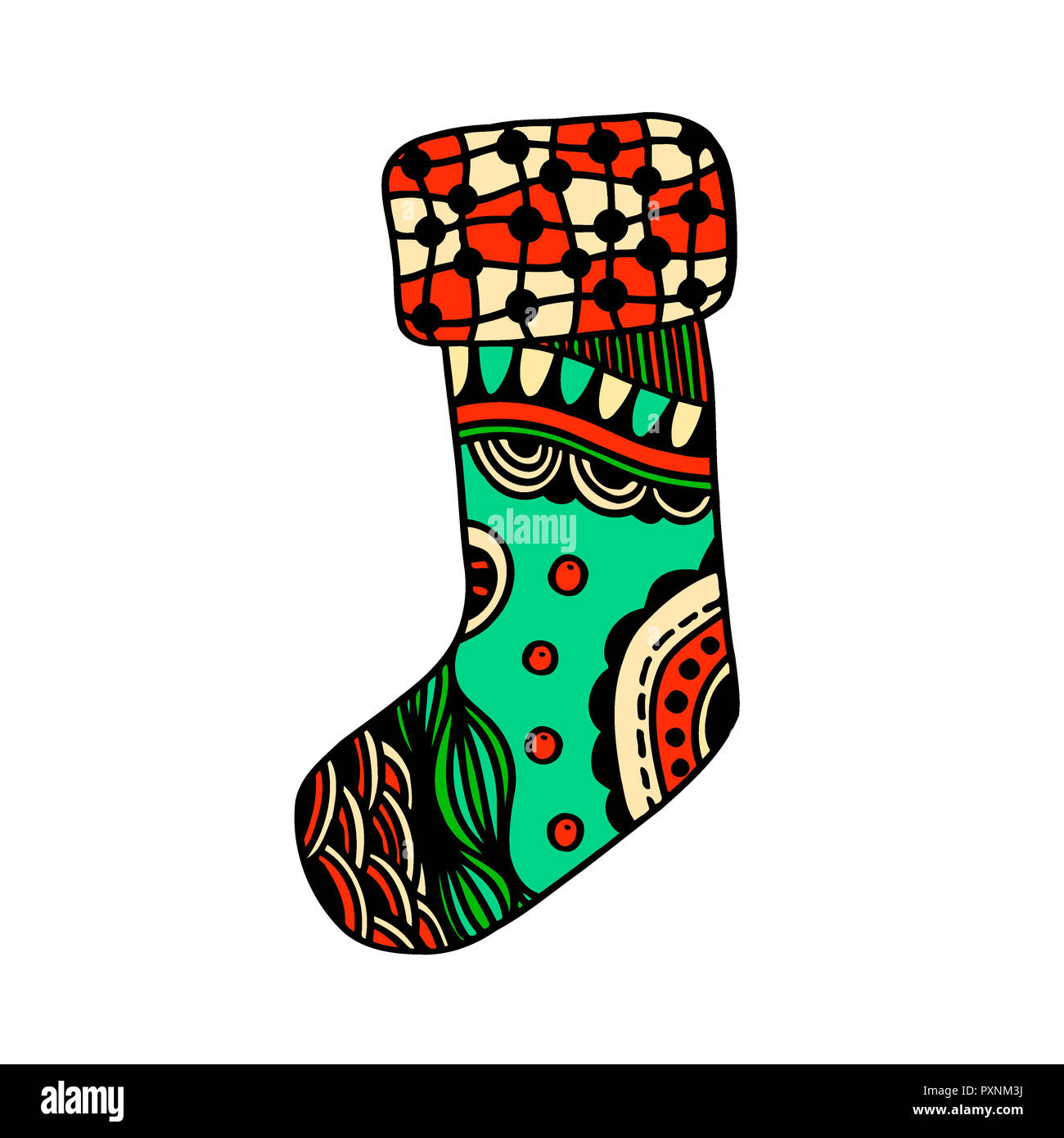 Christmas sock with beautiful multi-colored ornaments on white background Stock Photo