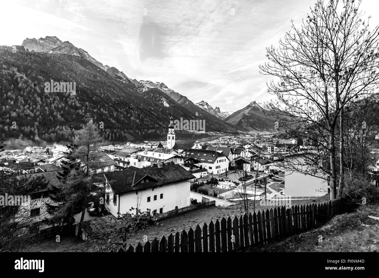 Black and white view of small town Fulpmes in the Alpine valley, Tirol, Austria. Stock Photo