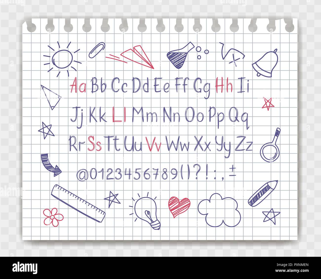 Alphabet in sketchy style with school doodles on copybook sheet. Vector