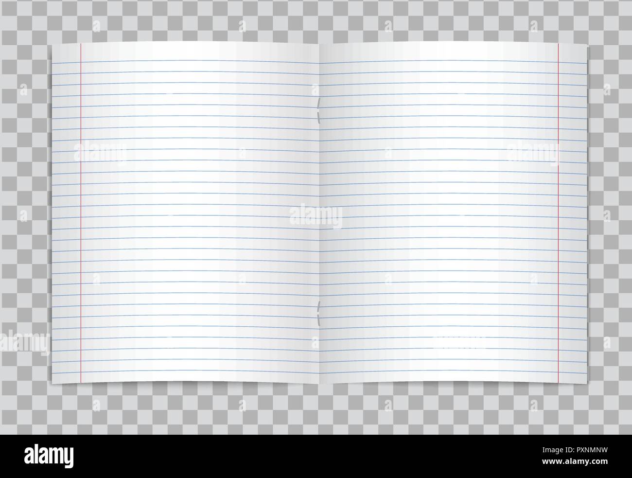 Vector opened realistic lined elementary school copybook with red margins on transparent background. Mockup or template of blank lined opened pages of Stock Vector