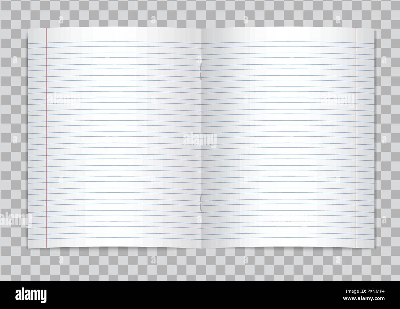 Vector opened realistic lined elementary school copybook with red margins on transparent background. Mockup or template of blank lined opened pages of Stock Vector