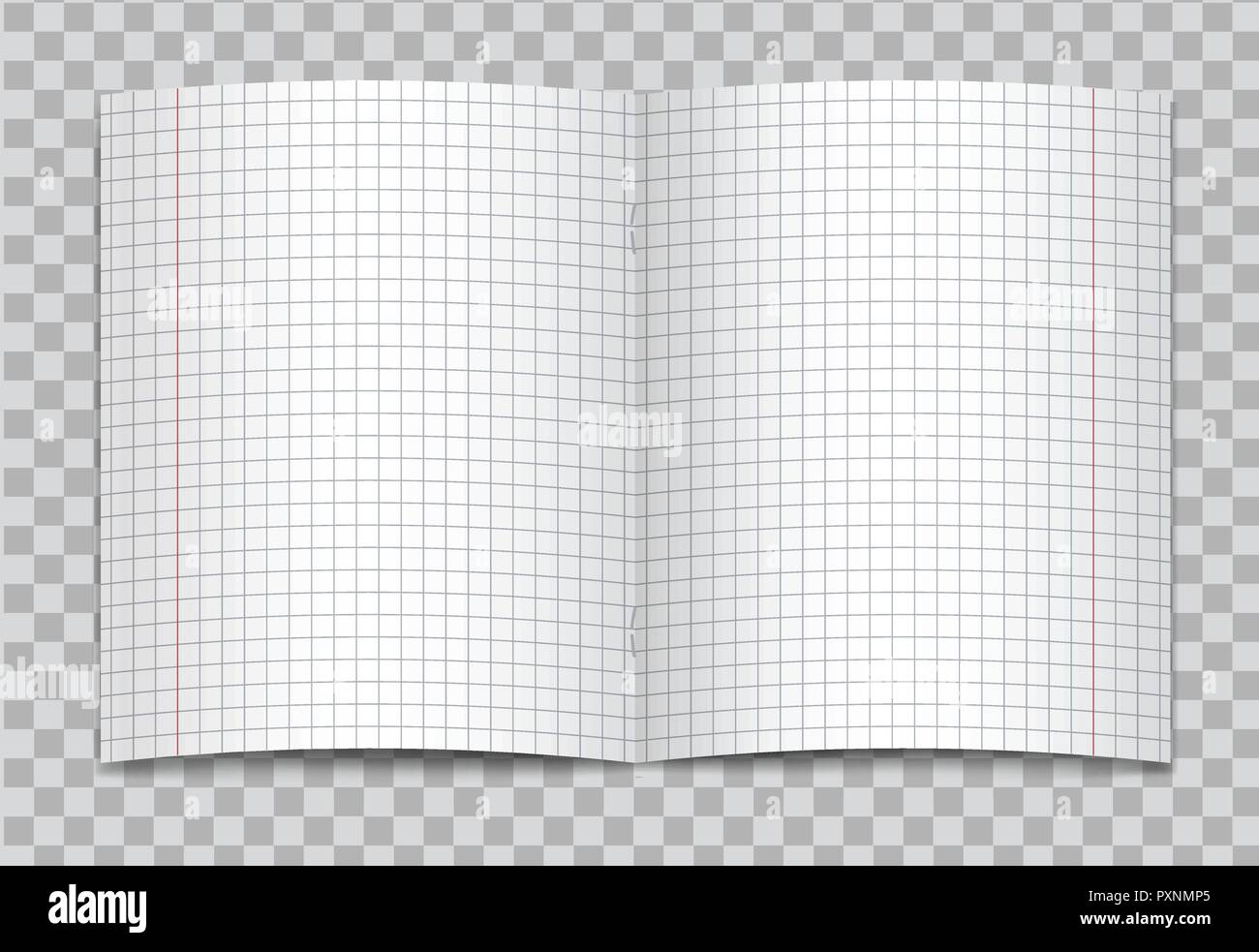 Vector opened realistic squared elementary school copybook with red margins on transparent background. Mockup or template of blank graphed opened page Stock Vector