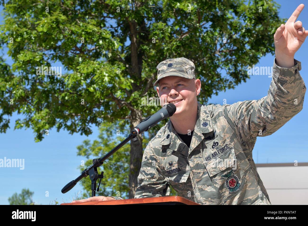 Lt. Col. Andrew Derosa, 50th Civil Engineer Squadron commander, addresses the audience at the