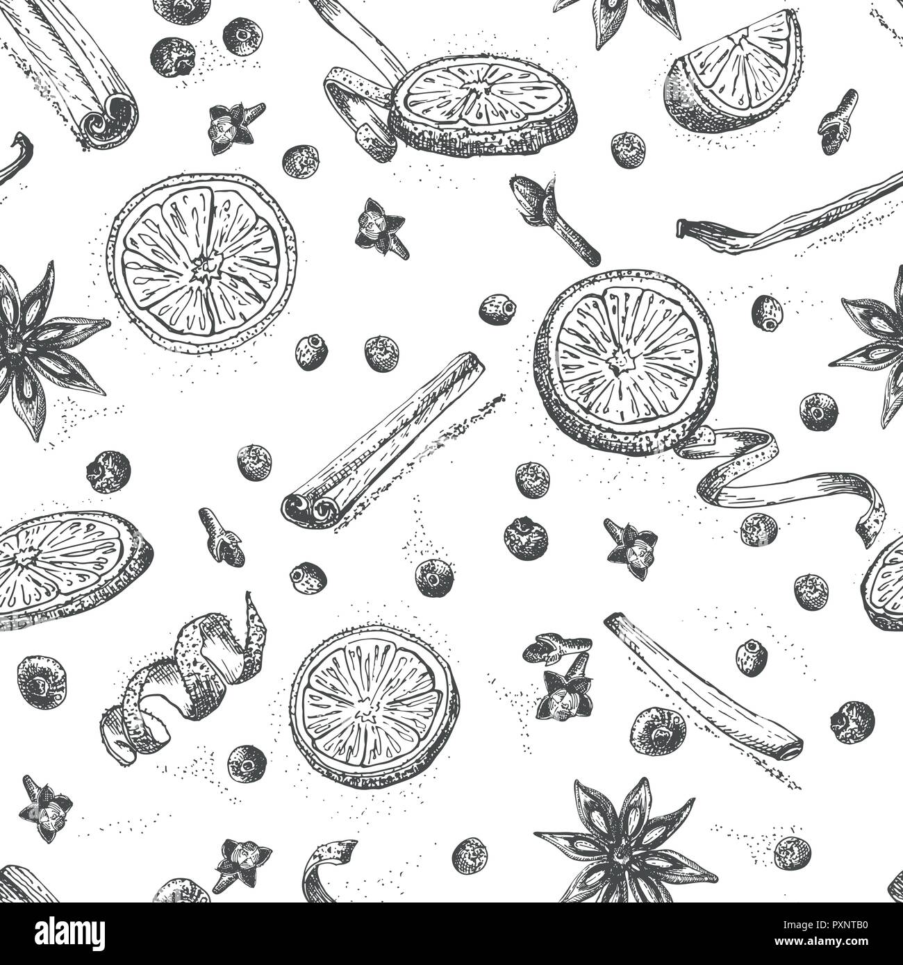 Set of hand drawn Christmas winter spices seamless pattern ...