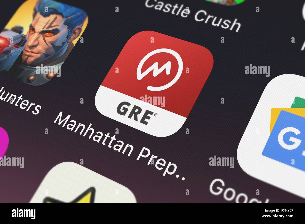 London, United Kingdom - October 23, 2018: Close-up shot of Higher Learning Technologies's popular app Manhattan Prep GRE. Stock Photo