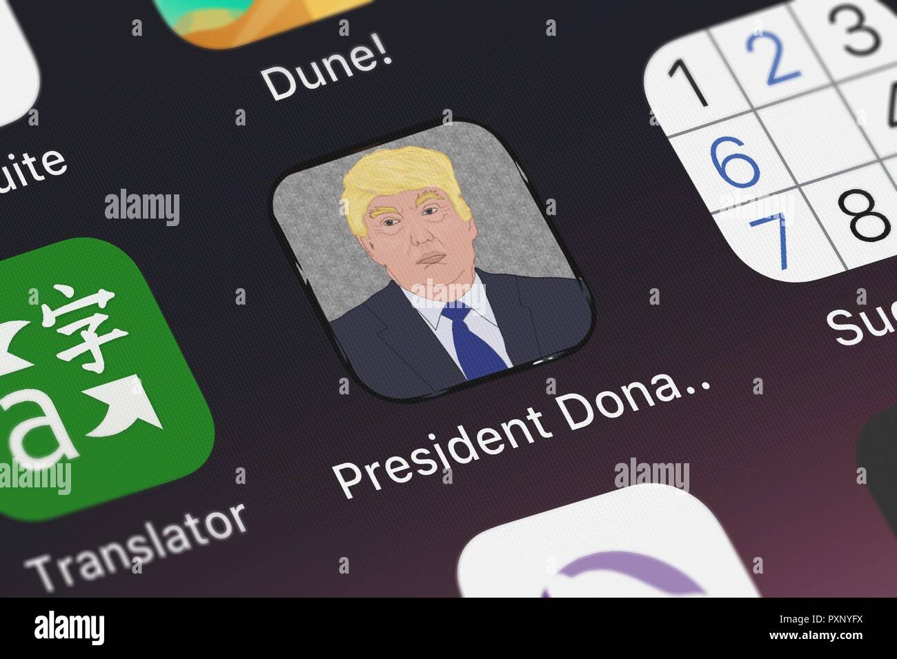 London, United Kingdom - October 23, 2018: Close-up shot of the President Donald Trump Soundboard Free application icon from Romit Dodhia on an iPhone Stock Photo