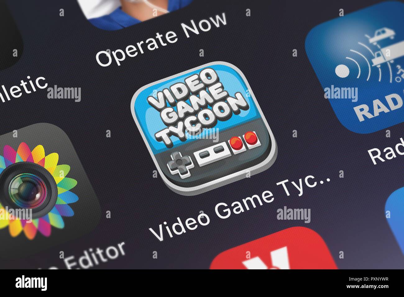 London, United Kingdom - October 23, 2018: Screenshot of the Video Game Tycoon: Tap Story mobile app from Romit Dodhia icon on an iPhone. Stock Photo