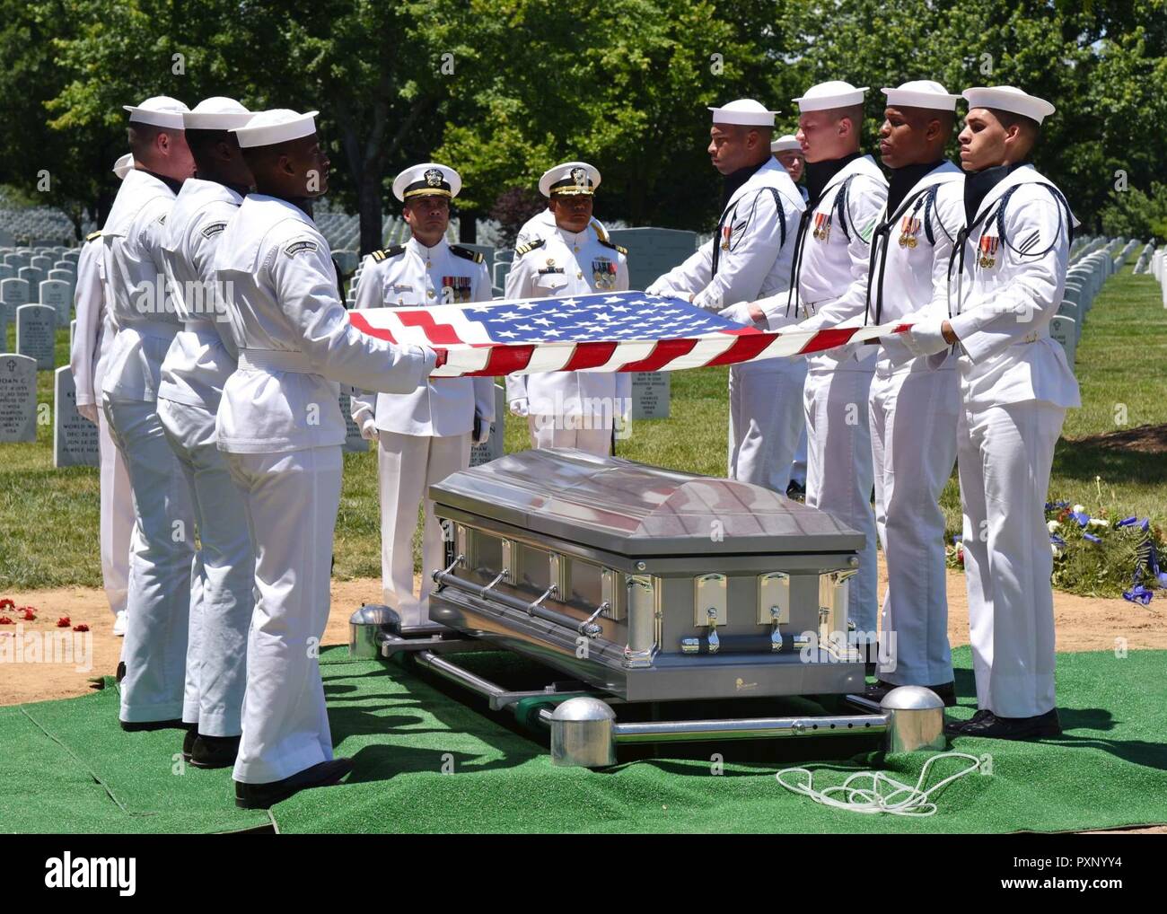 Navy Pharmacist’s Mate 3rd Class Howard P. Brisbane, 21, of New Orleans, Louisiana, was buried June 9, 2017, in Arlington National Cemetery, near Washington, D.C. In November 1943, Brisbane was assigned to Headquarters Company, 2nd Battalion, 8th Marines, 2nd Marine Division, which landed against stiff Japanese resistance on the small island of Betio in the Tarawa Atoll of the Gilbert Islands, in an attempt to secure the island. Over several days of intense fighting at Tarawa, approximately 1,000 Marines and Sailors were killed and more than 2,000 were wounded, but the Japanese were virtually  Stock Photo