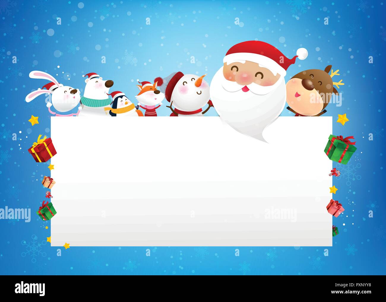 Christmas Snowman Santa claus and animal cartoon smile and jumping with ...