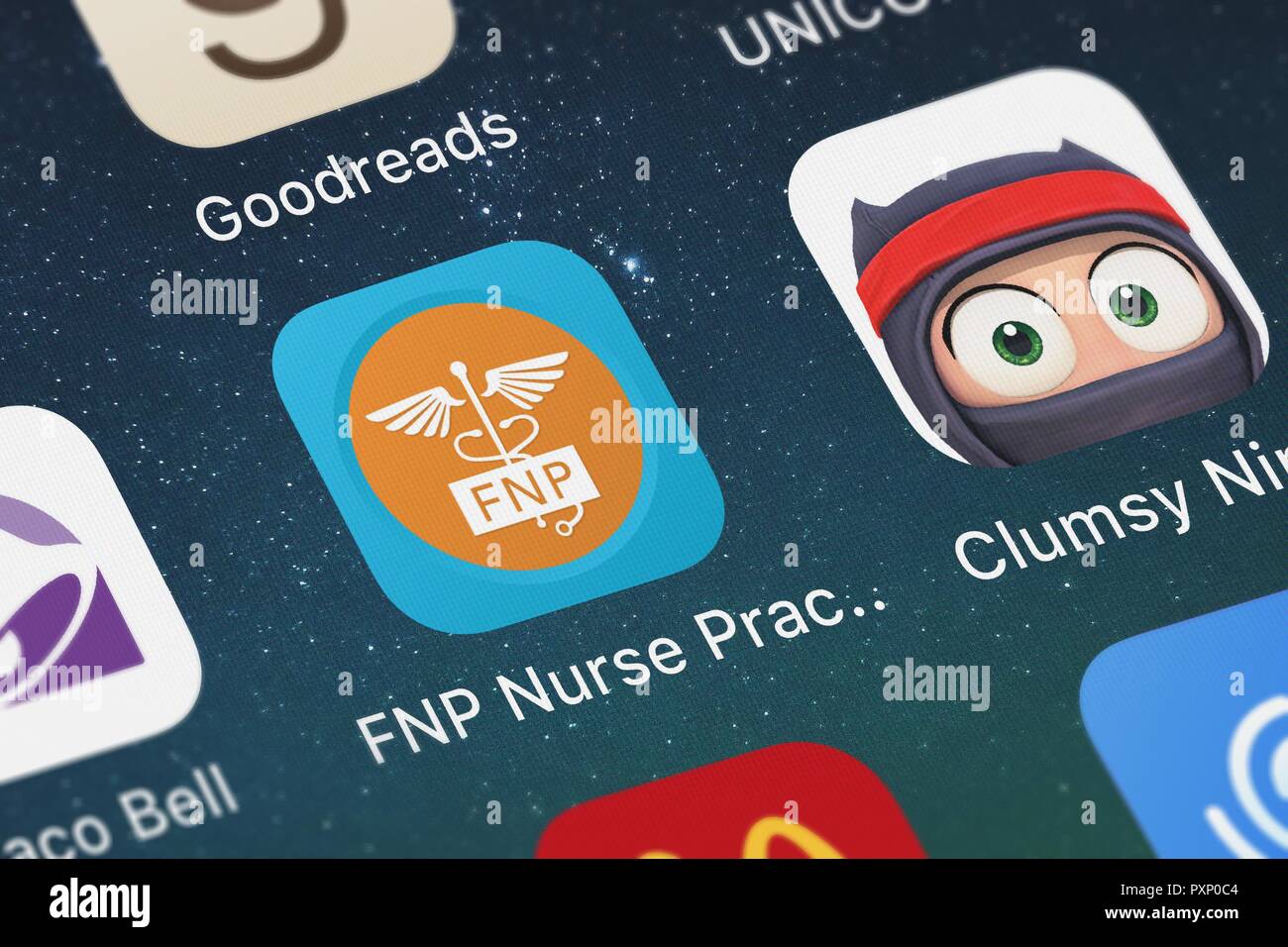 London, United Kingdom - October 23, 2018: Close-up shot of Higher Learning Technologies's popular app FNP Nurse Practitioner Mastery. Stock Photo