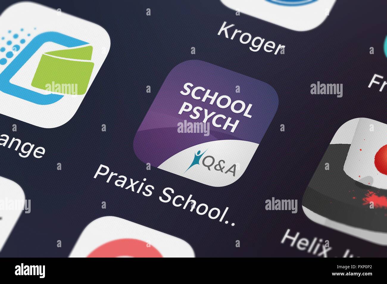 London, United Kingdom - October 23, 2018: The Praxis School Psychologist QA mobile app from Higher Learning Technologies on an iPhone screen. Stock Photo