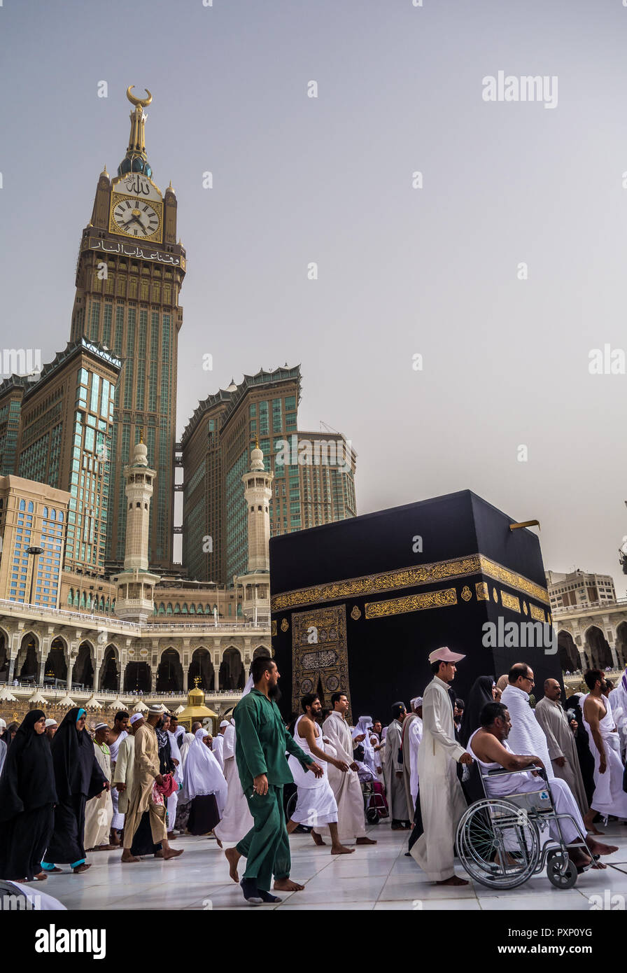 MECCA - CIRCA 2013 view of Muslim pilgrims circumambulate the Kaaba from ground floor of Haram Mosque in Mecca, Saudi Arabia. Muslims all around the w Stock Photo