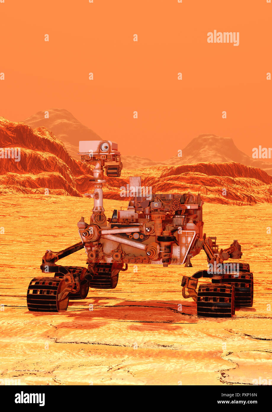 3D rendering of a Mars rover space vehicle on a red planet landscape ...