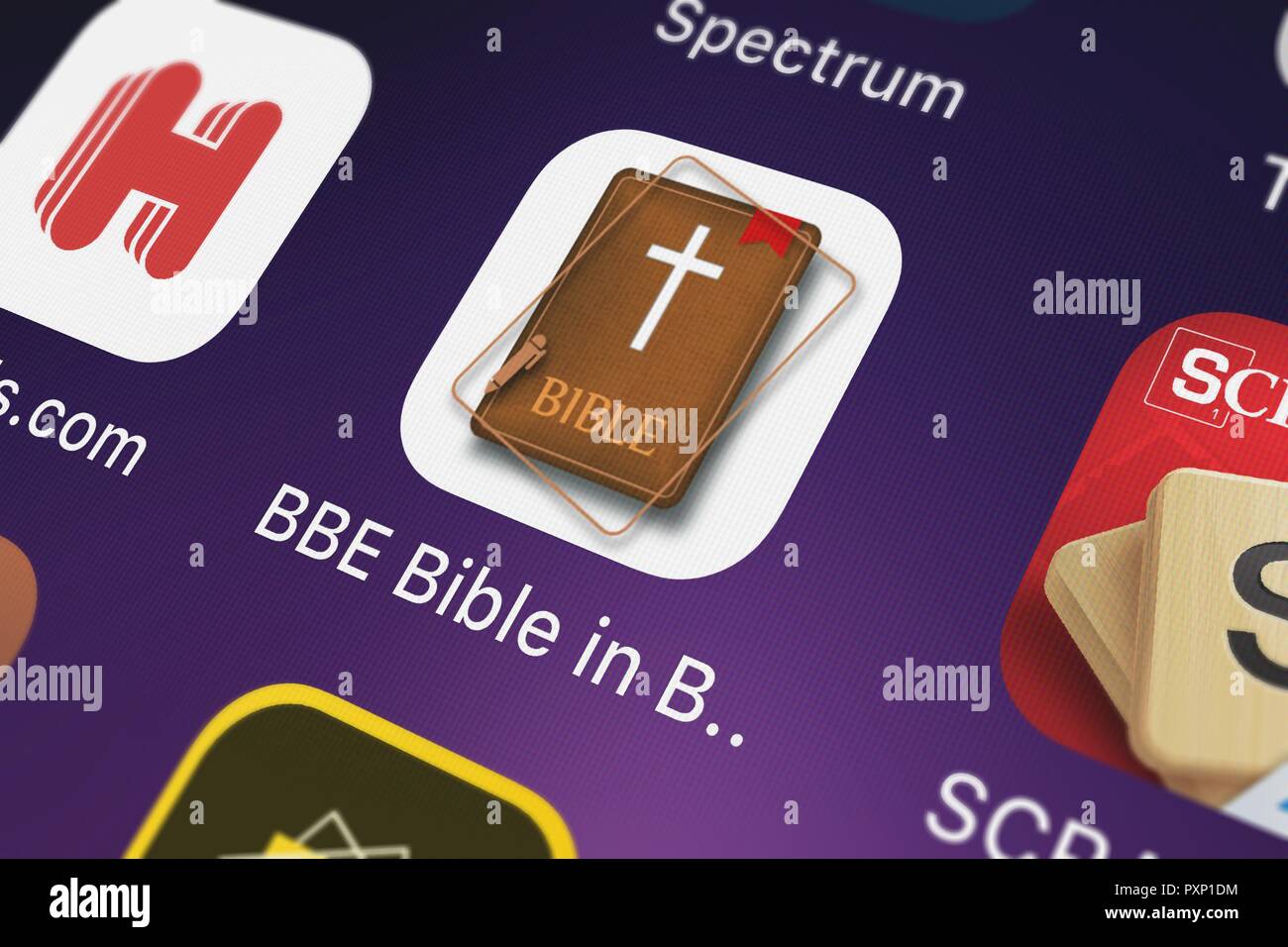 London, United Kingdom - October 23, 2018: Icon of the mobile app BBE Bible in Basic English. Easy to Read Version from Oleg Shukalovich on an iPhone. Stock Photo