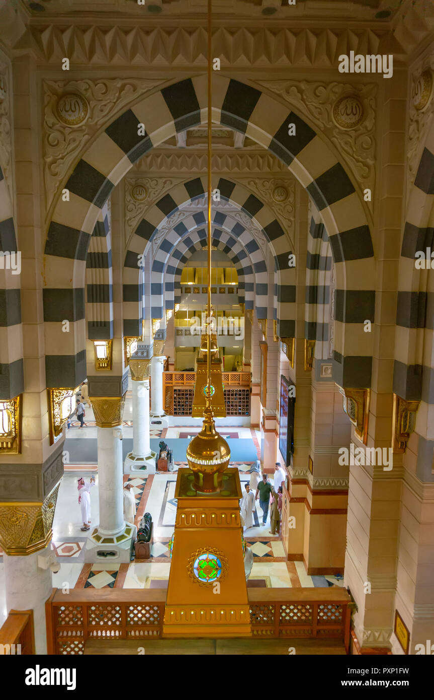 AL MADINA, SAUDI ARABIA-CIRCA 2014: Interior top view of Masjid Nabawi (Nabawi mosque) in Al Medina, Kingdom of Saudi Arabia. Stock Photo
