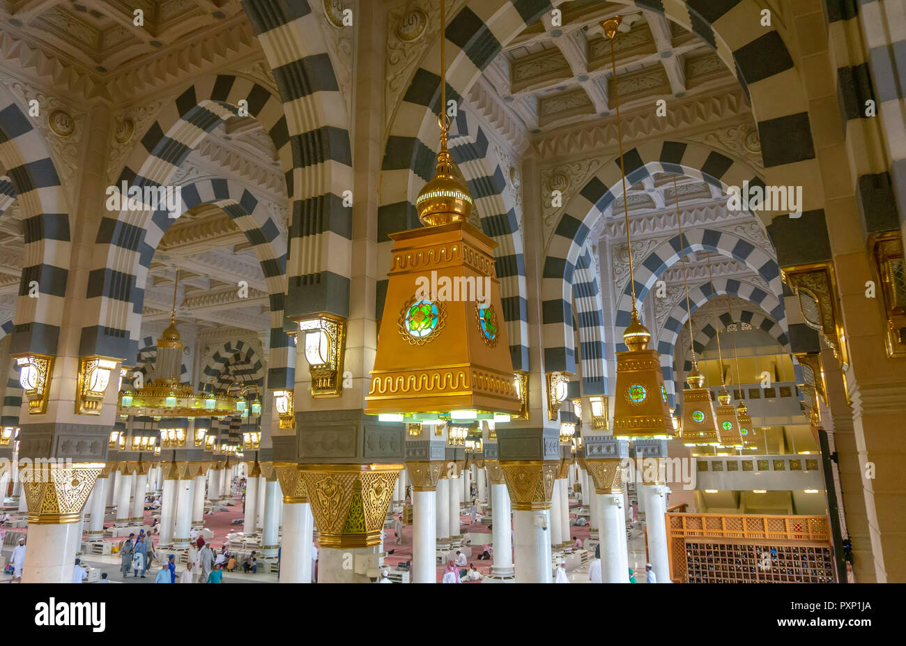 AL MADINA, SAUDI ARABIA-CIRCA 2014: Interior top view of Masjid Nabawi (Nabawi mosque) in Al Medina, Kingdom of Saudi Arabia. Stock Photo