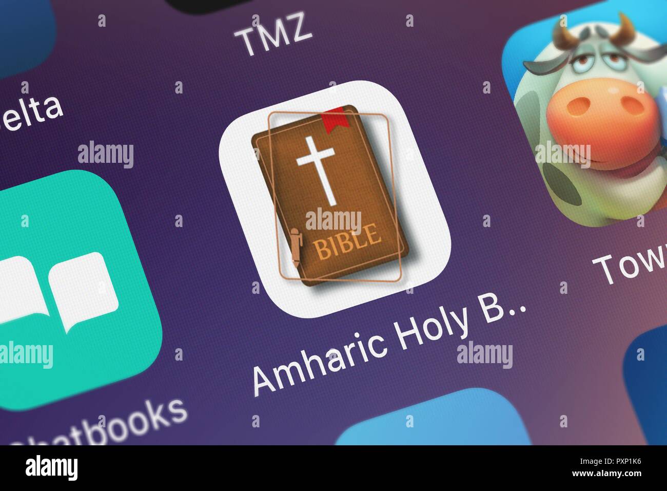 London, United Kingdom - October 23, 2018: Close-up shot of Oleg Shukalovich's popular app Amharic Holy Bible Ethiopian Offline Study Version. Stock Photo
