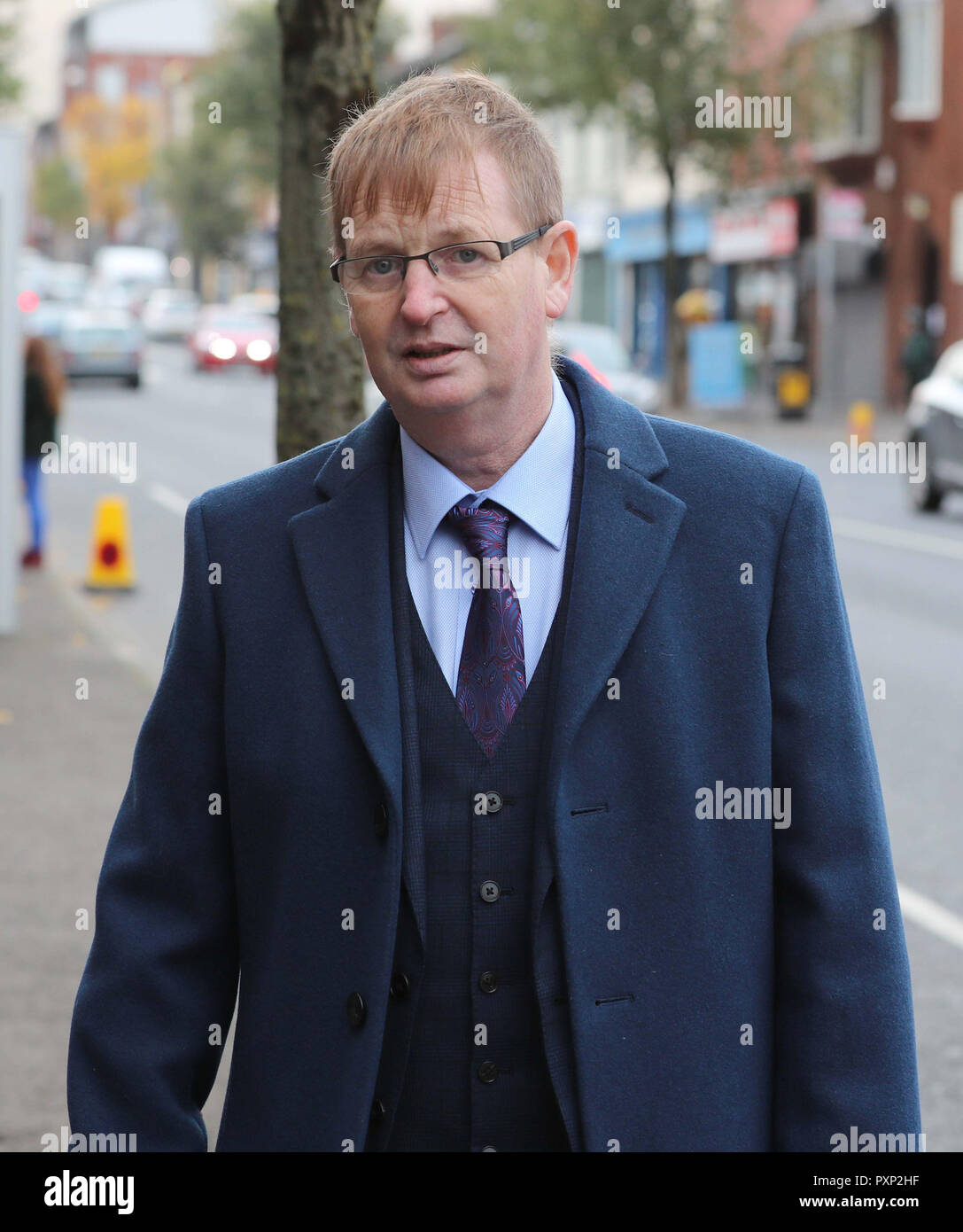Willie Frazer arrives at West Kirk Presbyterian Church in Belfast for a service to mark the 25th anniversary of the IRA bombing of a fish shop on Shankill Road. Stock Photo