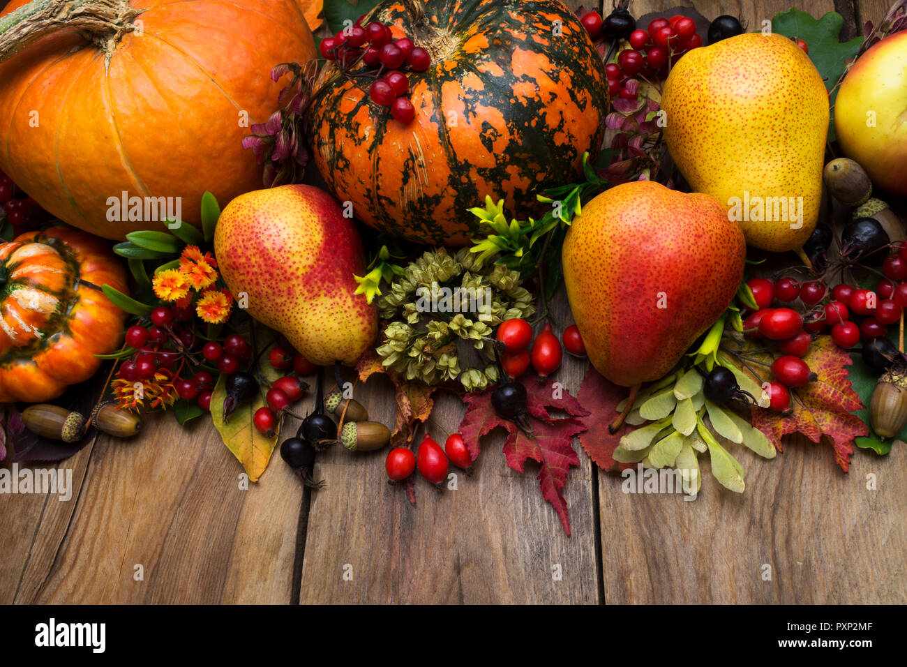 Thanksgiving rustic holiday arrangement with pumpkin, oak, pear, fall leaves and berry Stock Photo