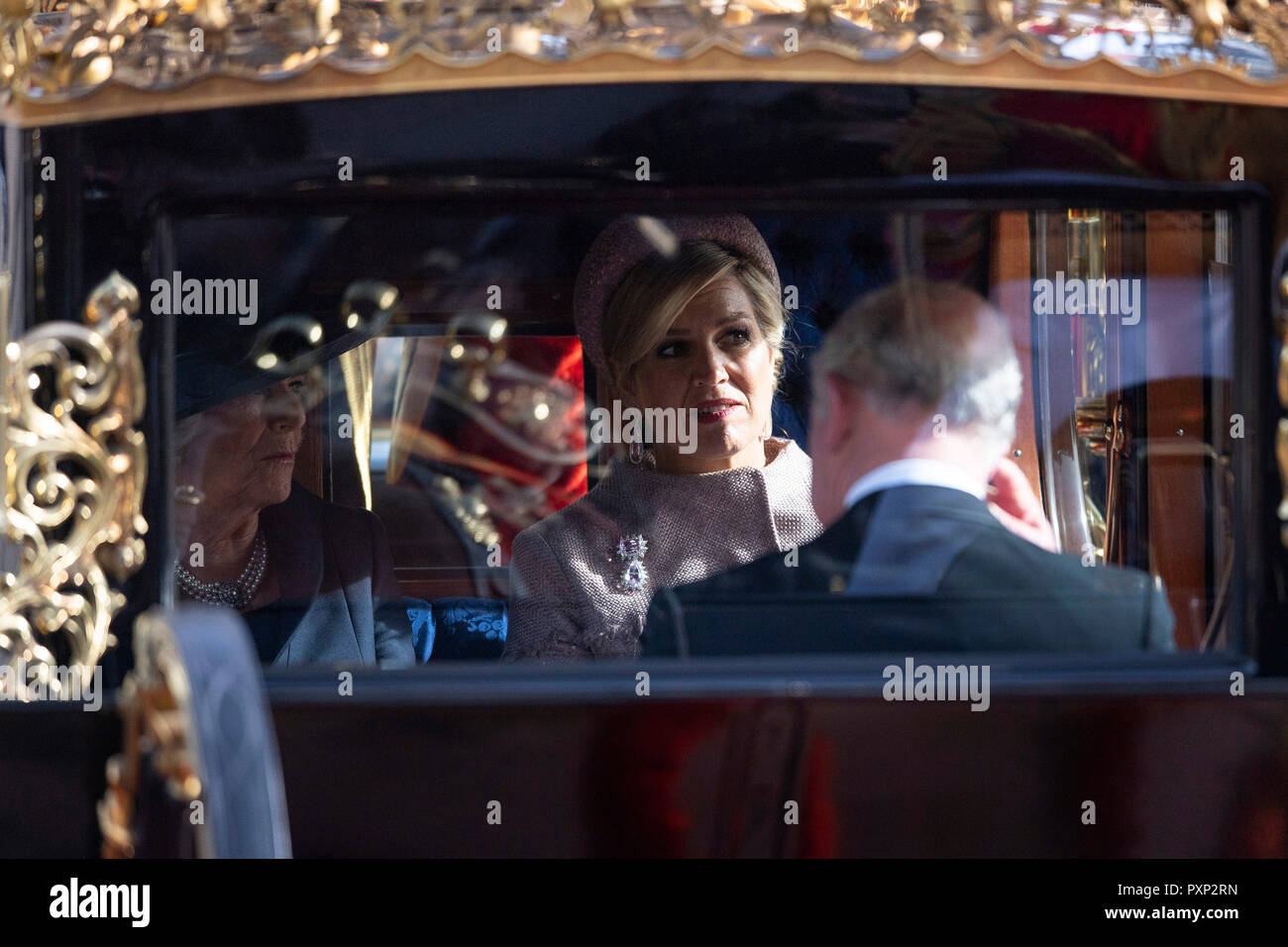 Queen Maxima of the Netherlands and the Duchess of Cornwall arriving by carriage to Buckingham Palace, London, during the state visit of King Willem-Alexander and Queen Maxima of the Netherlands. Stock Photo