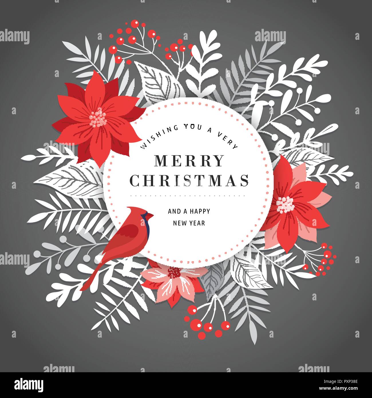 Merry Christmas Greeting Card Banner And Background In Elegant Modern And Classic Style With Leaves Flowers And Bird Stock Vector Image Art Alamy
