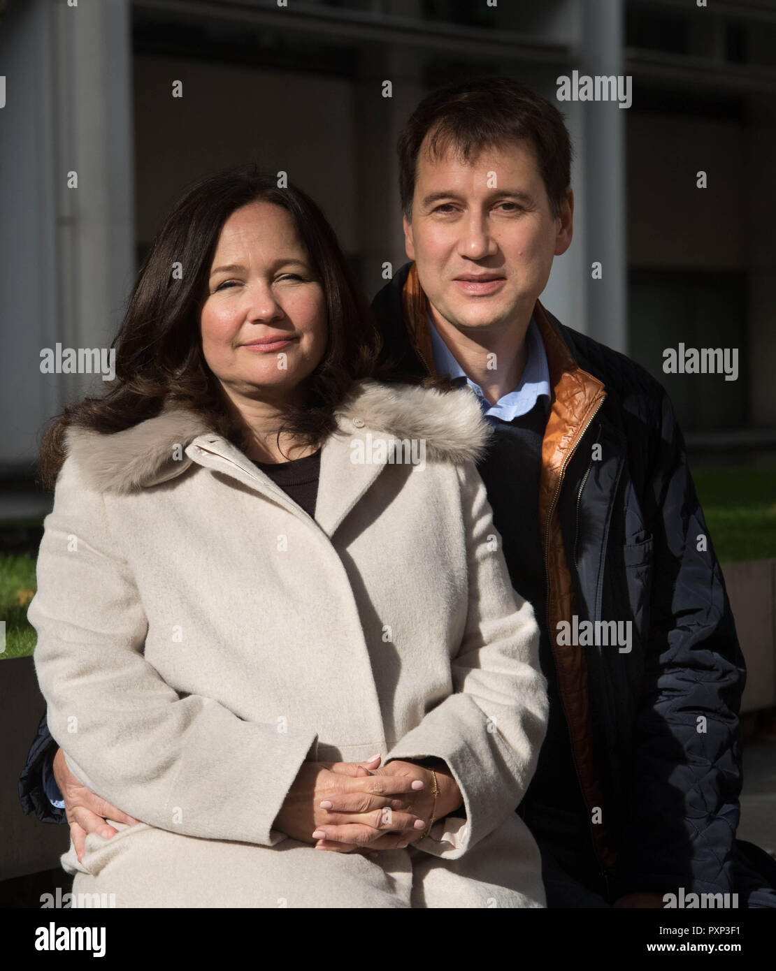 Nadim and Tanya Ednan-Laperouse, the parents of 15 year old Natasha who died after eating a Pret A Manger sandwich, after meeting with Environment secretary Michael Gove in central London, where they called for a law change requiring all foods to be labelled clearly with any allergens. Stock Photo