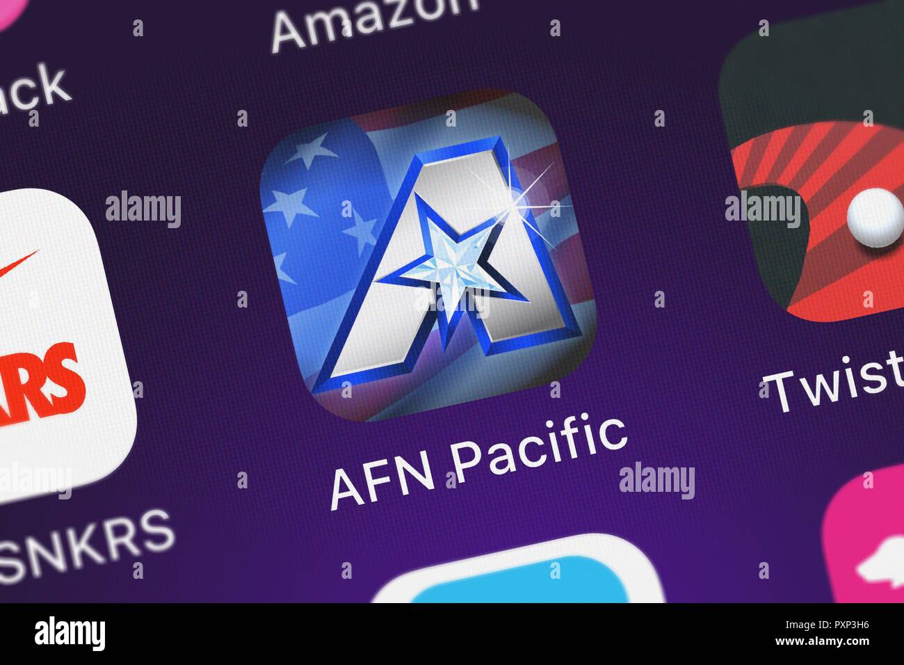 London, United Kingdom - October 23, 2018: Screenshot of the AFN Pacific mobile app from doapp, inc icon on an iPhone. Stock Photo