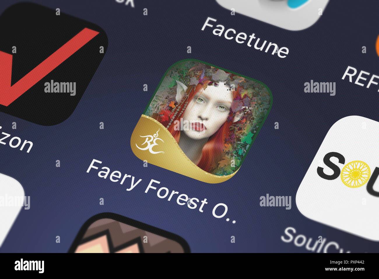 London, United Kingdom - October 23, 2018: The Faery Forest Oracle mobile app from Oceanhouse Media on an iPhone screen. Stock Photo