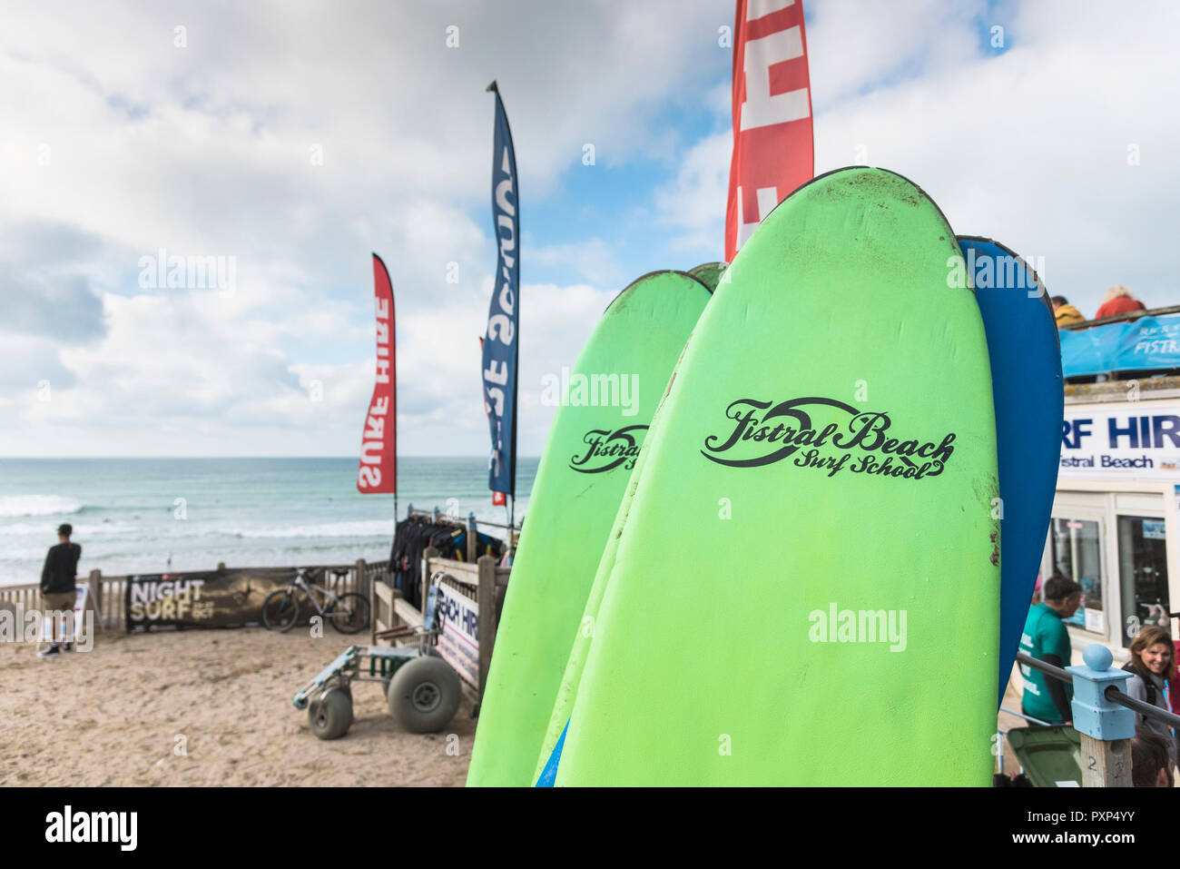Surfboards for hire at Fistral in Newquay in Cornwall. Stock Photo