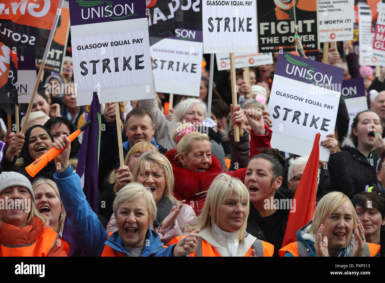 Strikers outside Glasgow Council's city chambers in George Square for a