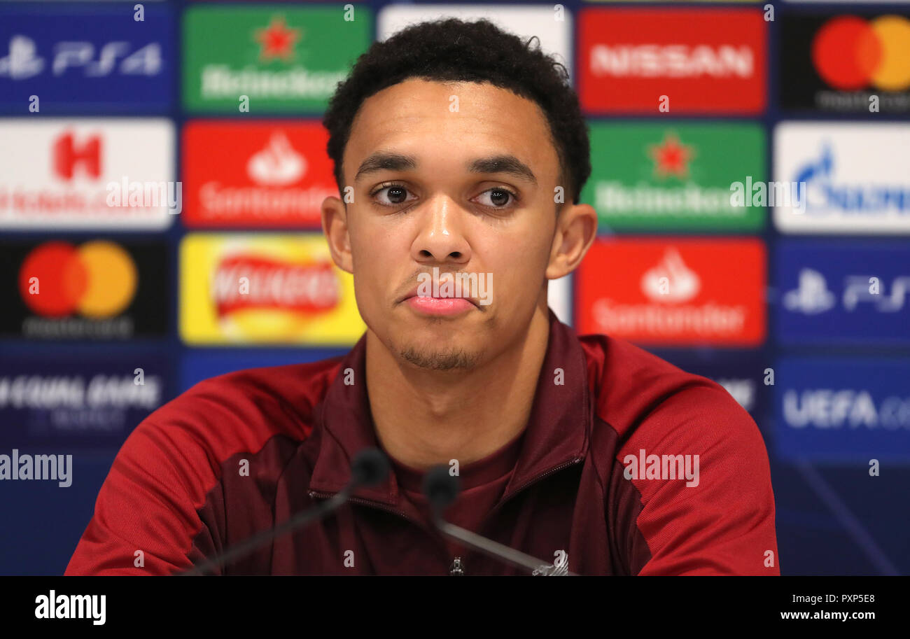 Liverpool's Trent Alexander-Arnold during the press conference at Anfield, Liverpool. PRESS ASSOCIATION Photo. Picture date: Tuesday October 23, 2018. See PA story SOCCER Liverpool. Photo credit should read: Richard Sellers/PA Wire Stock Photo