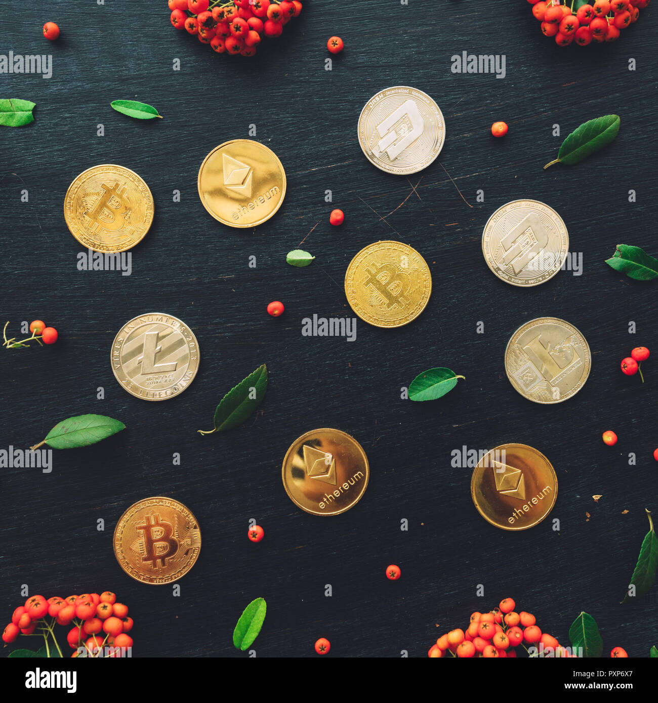 Flat lay cryptocurrency coins on dark background, top view with wild berry  fruit arrangement Stock Photo - Alamy