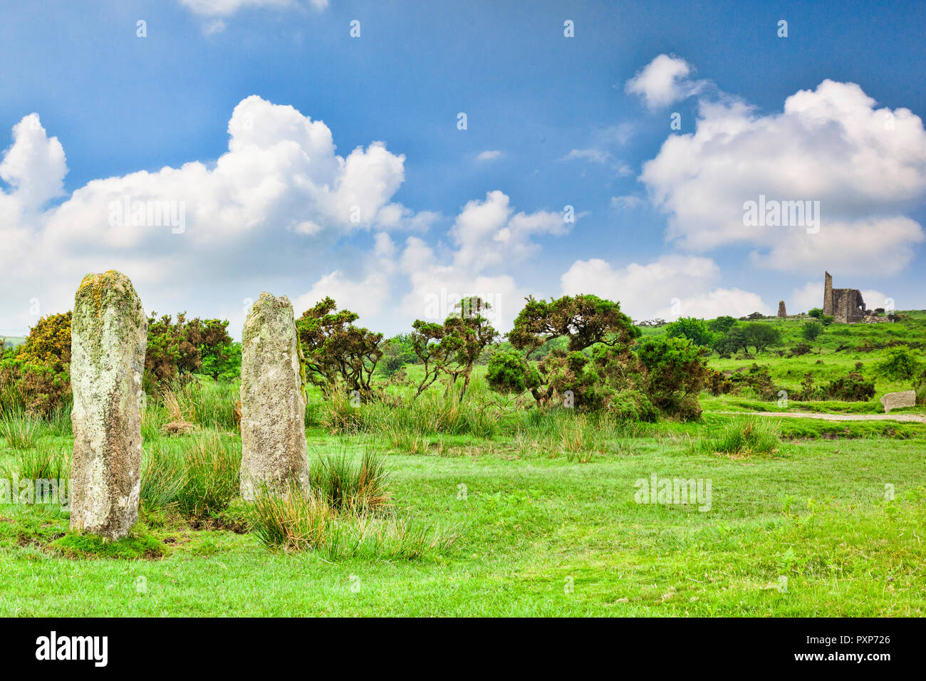 The Pipers, a pair of standing stones on Bodmin Moor near the village of Minions, Cornwall, UK Stock Photo