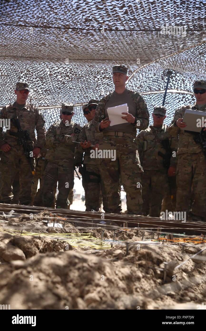 U.S. Soldiers from 2-2 Stryker Brigade Combat Team conduct a combined arms rehearsal during exercise Bayonet Focus 17-03 at Yakima Training Center, WA, June 13, 2017. . The training allowed the 2-2 SBCT to conduct force-on-force engagement using MILES gear to track and accesses the unit performance. Stock Photo