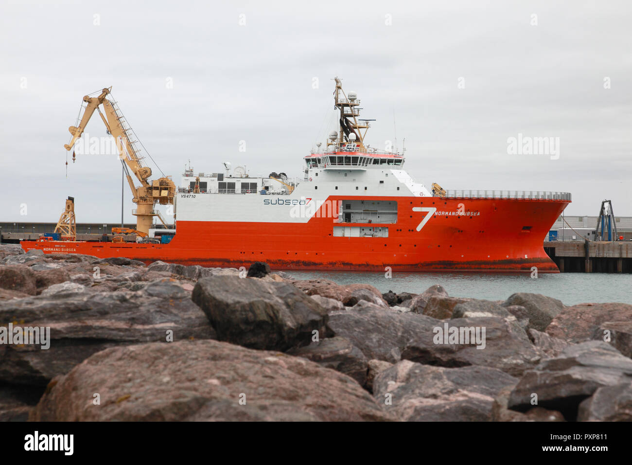 Normand Subsea, a Norwegian offshore supply ship moored in the harbour at Scrabster, Caithness, Scotland Stock Photo